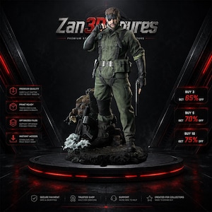 May include: A detailed 3D printed figurine of a soldier in olive green tactical gear, wearing an eye patch and black gloves, standing on a rocky base with white flowers and a rifle. The figure is displayed on a circular platform with red accents.