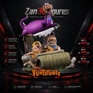 May include: A 3D digital model of The Flintstones featuring Fred and Barney in their stone-age vehicle with Dino the purple dinosaur perched on top. The image includes the text Zan3Dfigures, Premium STL Files, and The Flintstones logo.