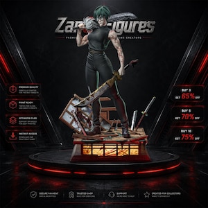 May include: A detailed 3D character figurine featuring a person with short green hair and glasses, wearing a black sleeveless top and pants. The figure holds a large, weathered sword over one shoulder and stands on a base resembling a broken wooden structure.