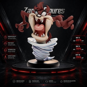 May include: A brown Tasmanian Devil figurine with a wide-open mouth and tongue visible, emerging from a swirling light blue and white tornado base. The character has sharp teeth, raised arms, and is mounted on a circular black pedestal stand.