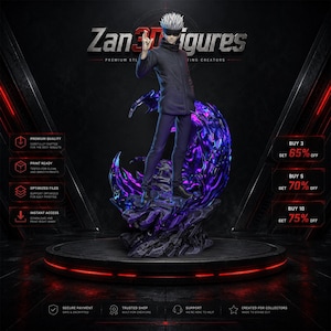 May include: A 3D printed figurine of a character with spiky white hair and a black blindfold, wearing a dark high-collared jacket and pants. The figure stands on a rocky base surrounded by a swirling, translucent purple and blue energy effect.
