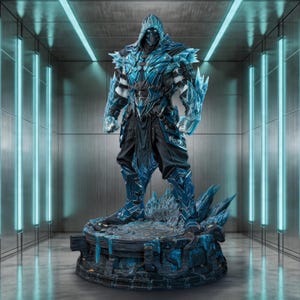 May include: A detailed statue of a character in a hooded outfit, with a blue and black colour scheme. The figure is adorned with ice-like armour and stands on a textured base. The background features vertical neon lights.