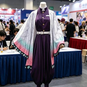 May include: A purple cosplay costume with a white patterned haori, white belt, and matching trousers. The costume features a high collar and gold buttons. The haori has a gradient design of pink, green, and black. The costume is displayed on a mannequin.