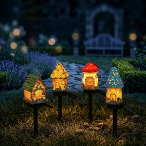 Solar Mushroom House Garden Light | Fairy Garden LED Stake Lamp | Miniature Path Decor | Whimsical Yard Art Outdoor Landscape Light