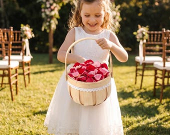 Handwoven Bamboo Flower Girl Basket with Lace Trim – Cottagecore Wedding Petal Tote