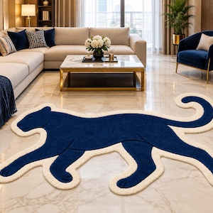 Hand Tufted Wool Rug, Navy Blue Animal Rug, Ivory Border Carpet, Modern Statement Area Rug, Designer Living Room Decor,