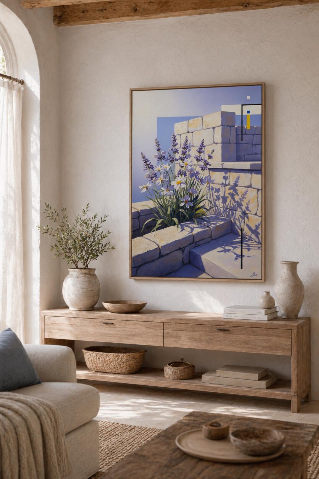 Mediterranean Floral Courtyard Wall Art Print (painterly Sunlit Garden ...