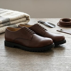 Peut inclure: Une paire de chaussures derby en cuir marron avec des semelles crantées noires. Les chaussures sont lacées et posées sur une surface en bois. Une couverture pliée et des accessoires de chaussures sont en arrière-plan.