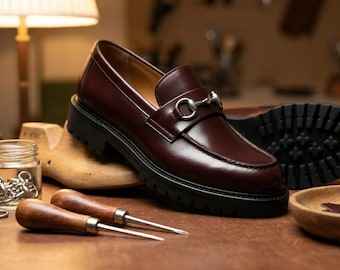 Handmade Oxblood Leather Horsebit Loafers | Rugged Lug Sole Dress Shoes