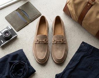 Men's Taupe Suede Bit Loafers - Italian Style Lug Sole Loafers - Handmade Slip-On Shoes