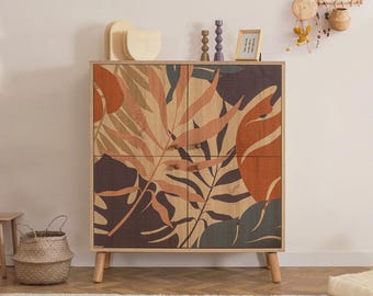 Palm Print Sideboard Cabinet, Boho Storage Console, Scandinavian Entryway Cabinet, Modern Wooden Hallway Furniture