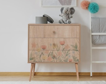 Boho Floral Pattern Dresser, Scandinavian Solid Wood Cabinet, 3-Drawer Storage Organizer