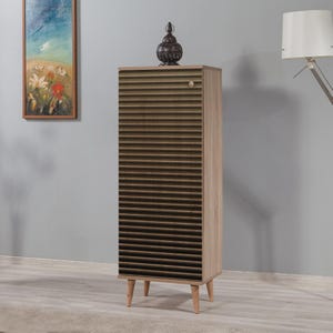 May include: A tall, light-colored wooden cabinet with a dark brown, horizontally slatted door. The cabinet has a small, round wooden handle and sits on four short, angled legs. A decorative, dark metal object sits on top.