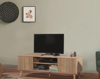 Scandinavian TV Stand, UV Printed Doors, Mid Century Modern Media Console, Storage Cabinet