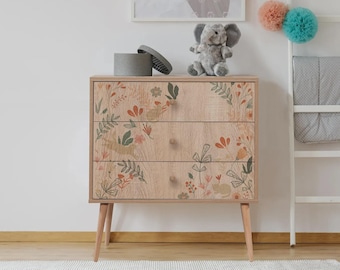 Floral 3 Drawer Dresser, Scandinavian Wood Chest, Mid Century Bedroom Storage Cabinet