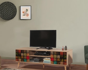 Scandinavian TV Stand, Abstract UV Printed Doors, Mid Century Media Console, Wooden Entertainment Center