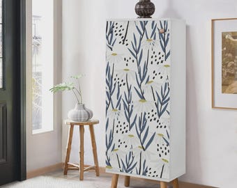 White Floral Shoe Cabinet, Narrow Entryway Storage, Scandinavian Organizer, Wooden Handles