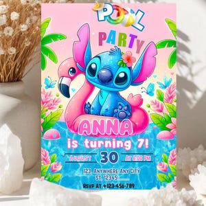 Modèle de toile modifiable pour fille d'invitation d'anniversaire piscine party au point, invitation de fête tropicale d'Hawaï, Lilo Stitch anniversaire téléchargement numérique Evit