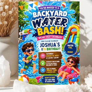 May include: A colorful invitation for a Backyard Water Bash 8th birthday party for Joshua. The graphic features children with water guns, a water slide, and a pool float, with text detailing the date, time, location, and RSVP information.
