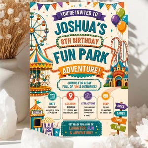 Convite de Aniversário em Parque de Diversões, Modelo Editável para Festa Temática de Meninas em Parque de Diversões, Convite Montanha-Russa Neon Wild Ride, Festa Instantânea em Parque de Diversões
