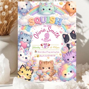 May include: A vibrant invitation card with a "Squish" theme, showcasing cartoon cats, rainbows, and sweets. The invitation is for Olivia Smith's 9th birthday, set for April 5th at 4:00 PM.