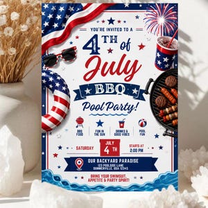 May include: A patriotic 4th of July BBQ Pool Party invitation. The design features a red, white, and blue color scheme with fireworks, a grill, and a pool float. The text reads "You're Invited to a 4th of July BBQ Pool Party!"