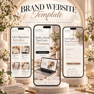 May include: A digital brand website template displayed on three smartphones, featuring the text 'BRAND WEBSITE Template' and 'LUNA BRAND STUDIO'. The screens show service offerings, contact forms, and branding design layouts in a neutral colour palette.