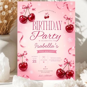 Cherry Sweet Birthday Invitation | Cherry Bow Birthday Party Invite | Editable Canva Template | Digital Download