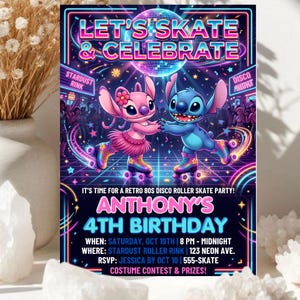 May include: A vibrant invitation for a retro 80s disco roller skate party. The design features two cartoon characters on roller skates, with the text "LET'S SKATE & CELEBRATE". The invitation is for Anthony's 4th birthday, with event details.