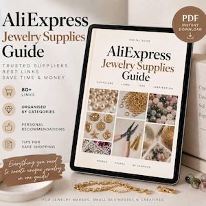 Puede incluir: Una guía digital titulada AliExpress Jewelry Supplies Guide mostrada en una pantalla de tableta. La guía incluye secciones de proveedores, enlaces, consejos e inspiración, con imágenes de perlas, cadenas doradas, cuentas y alicates.