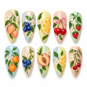 Handmade Press-On Nails – 3D Fruit Floral Summer Design (Reusable)