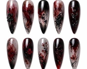 Crimson Shadow Bloom – Uñas postizas con estampado floral gótico oscuro, pétalos rojo sangre y elegancia de medianoche.