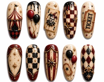 May include: Ten oval-shaped nail art tips featuring a circus theme with cream, red, black, and gold accents. Designs include a striped tent, balloons, a jester playing card, a checkered pattern, a ticket, stars, and ornate gold embellishments.