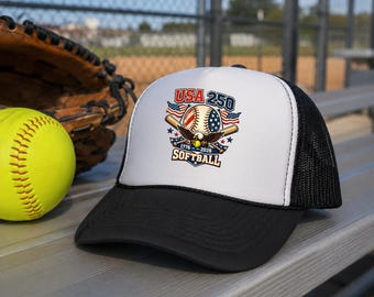 USA 250 Softball Hat, Patriotic Trucker Cap, 1776 2026 America Baseball Cap, Softball Mom Game Day Gift
