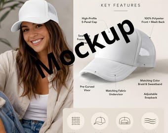 Foam Trucker Hat Mockup, White Cap Mockup, Trucker Cap Feature Card, Digital Download, Etsy POD Hat Mockup