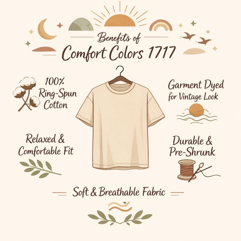 May include: Cream-colored t-shirt on a hanger, with the text "Benefits of Comfort Colors 1717." The graphic includes illustrations of cotton, a sun, and text highlighting features like "100% Ring-Spun Cotton" and "Soft & Breathable Fabric."