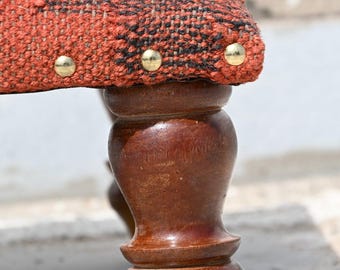 Kilim Footstool Ottoman, Handmade Wool Jute Stool, Boho Upholstered Footrest, Tribal Wooden Poufs Rustic Farmhouse Decor Small Seating stool