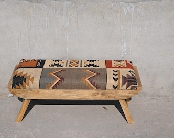 Kilim Polsterbank, Handgefertigte Boho Sitzbank, Tribal Holz Ottomane, Südwestliche Bauernhaus Eingangsbank, Rustikale Wohnkultur