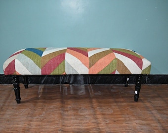 Bunte Kilim Ottoman Bank, Handgemachte Woll Jute Bank, Boho Sitzmöbel, Rustikale Holzbein Möbel