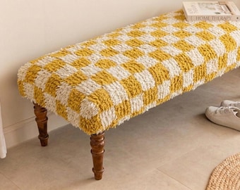 Banco Kilim amarillo hecho a mano, banco tapizado estilo bohemio, banco otomano tribal, asiento para recibidor, decoración rústica, banco auxiliar para dormitorio.