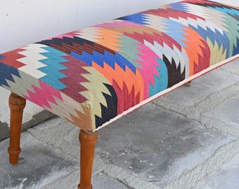 Colorful Zig Zag Kilim Bench, Handmade Cotton Upholstered Bench, Boho Ottoman Bench, Turkish Style Entryway Bench, Bedroom Seating