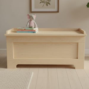 May include: A light-colored wooden storage chest with a flat top and a rectangular body. A stack of books and a stuffed elephant toy sit on top. A gray armchair and a potted plant are in the background.