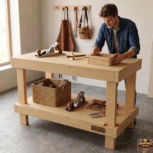 May include: A light-colored wooden workbench with a rectangular top and a lower shelf. On the top sits a metal hand plane, a marking gauge, and a wooden box. The lower shelf holds a woven basket, a second hand plane, and tools in a leather roll.