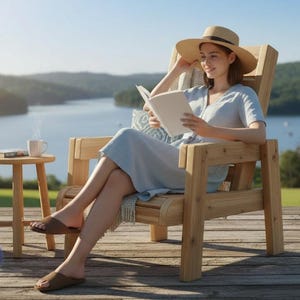 May include: A natural wood armchair with a slatted back and seat, featuring a sturdy frame and wide armrests. The chair is crafted from light-toned timber with a visible grain, designed with a reclined backrest for seating comfort on a wooden deck.