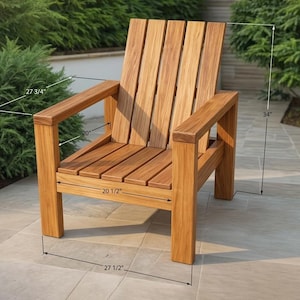 May include: A wooden outdoor chair with a slatted seat and back, and armrests. The chair is 27 1/2 inches wide, 27 3/4 inches deep, and 34 inches tall. The armrests are 20 inches long. The chair is made of light brown wood.