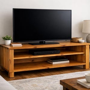 以下が含まれることがあります： 温かみのあるブラウン仕上げの長方形の木製テレビ台。テレビを置くための平らな天板と、メディア機器を収納するための2段のオープンシェルフを備えています。4本の頑丈な脚があり、側面には金属製の金具が見えます。