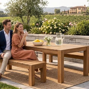 May include: A rectangular wooden outdoor dining table with two matching benches, featuring a slatted surface design. The set is crafted from natural brown wood with a clean, linear construction, providing seating for multiple people in an open-air setting.