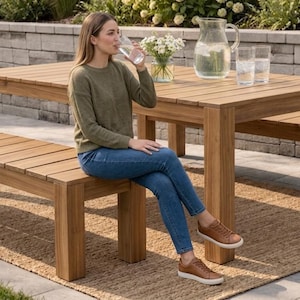 Puede incluir: Una mesa de comedor rectangular para exteriores hecha de madera de color marrón claro con dos bancos de listones a juego. La mesa cuenta con una superficie plana y patas robustas, ofreciendo un diseño limpio y funcional para patio o jardín.