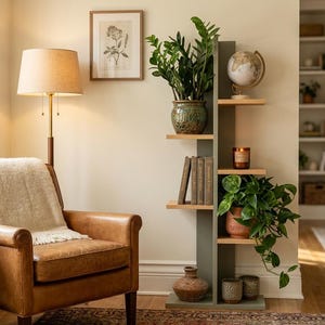 Pode incluir: Uma sala de estar acolhedora com uma poltrona de couro, uma manta creme, uma luminária de chão e uma estante de madeira com plantas, livros e objetos decorativos. Uma gravura botânica emoldurada está pendurada na parede.