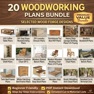Puede incluir: Una colección digital titulada 20 Woodworking Plans Bundle con diseños seleccionados de Wood Forge. La imagen muestra varios proyectos de mobiliario, incluyendo una mesa de centro, escalones para perros, una cómoda y marcos de cama.